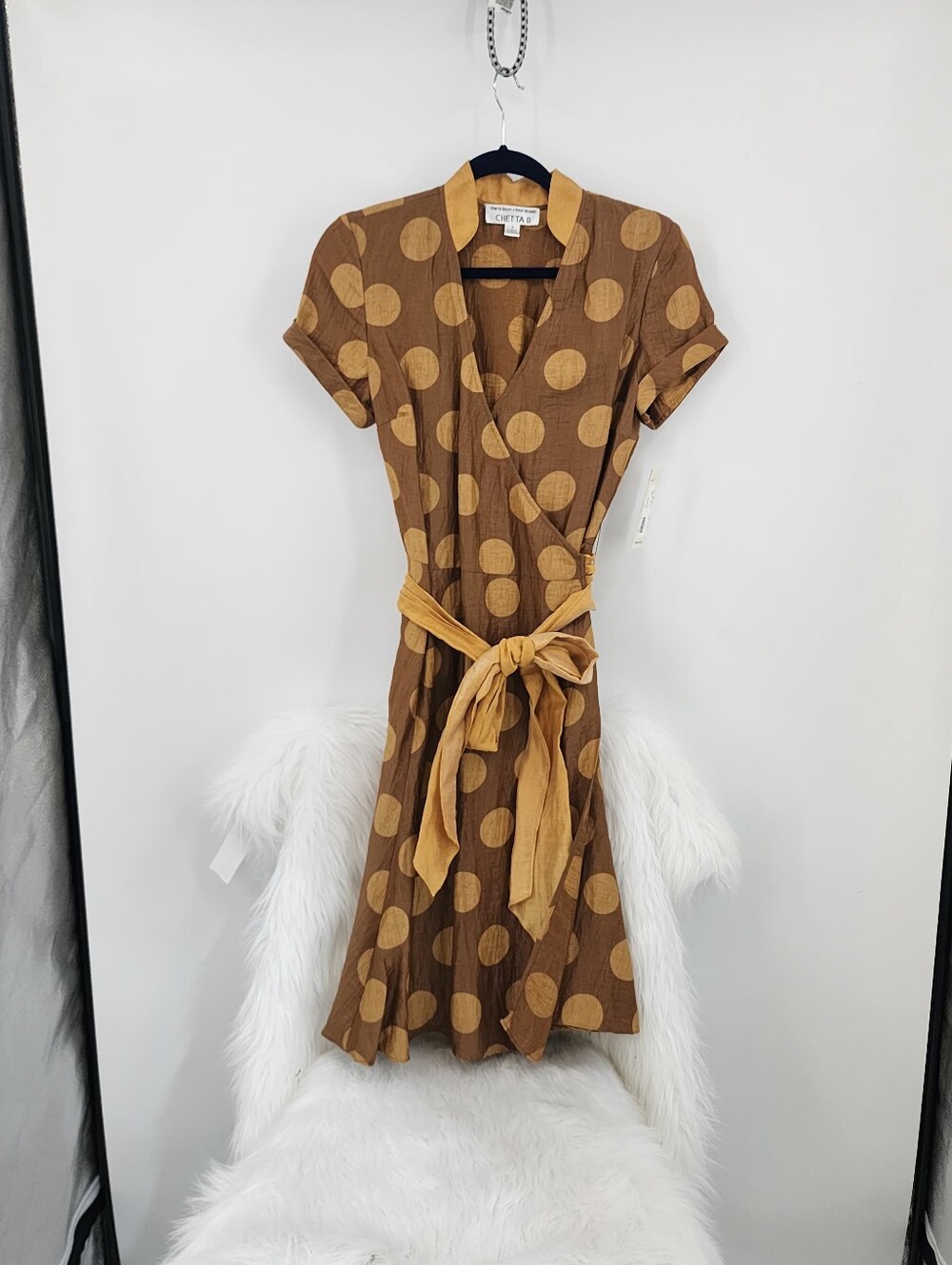 Chetta B Brown Linen Midi Wrap Dress with Gold Polka Dots, Size 6 NWT